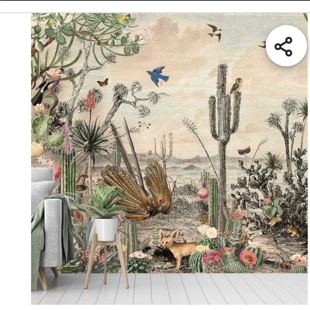 Vintage Botanical Wall Mural with Wildlife Scene